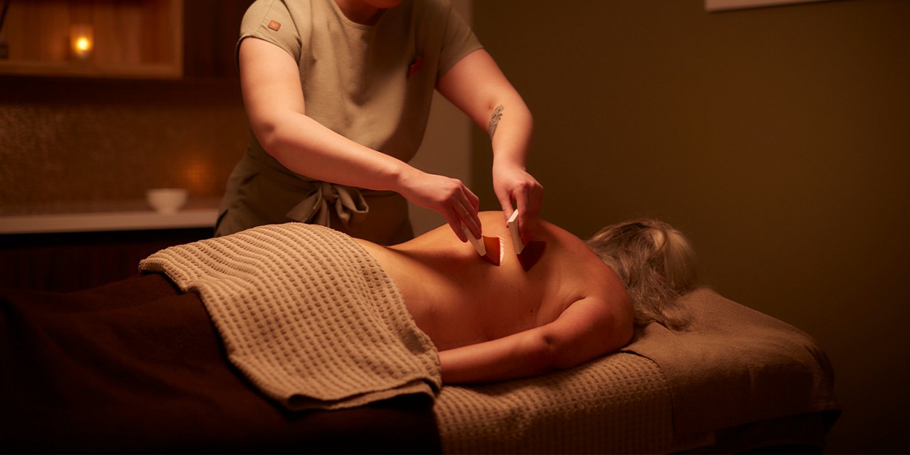 Woman having a back massage with soft body brushes.