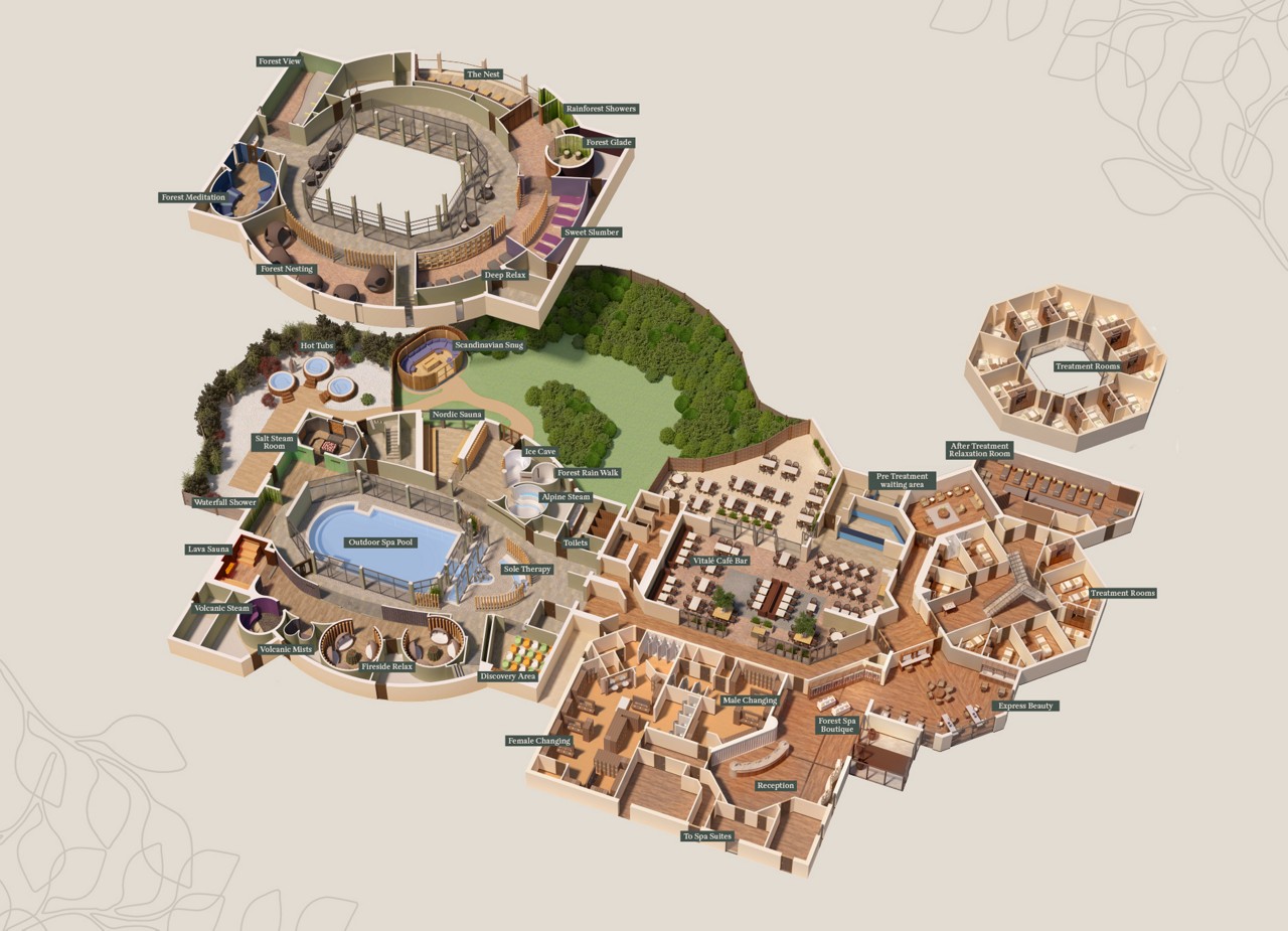 Floorplan layout of Aqua Sana Forest Spa at Elveden Forest.