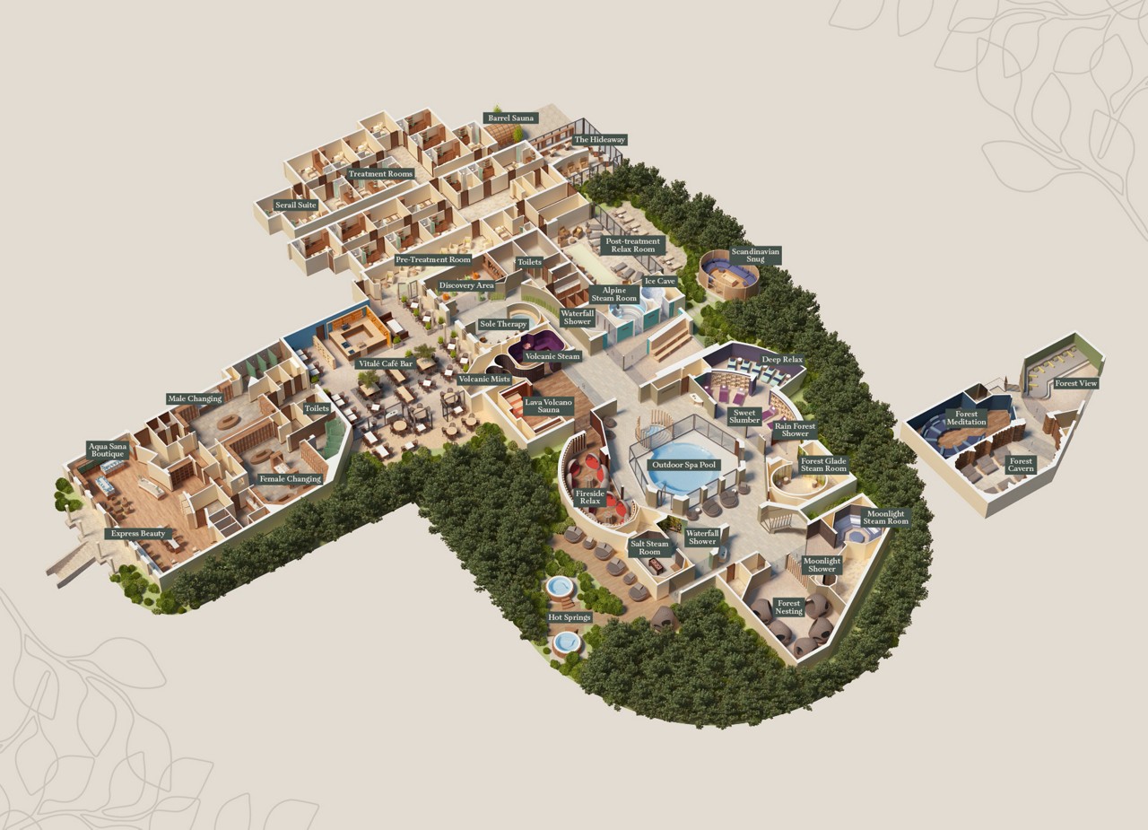 Floorplan layout of Aqua Sana Forest Spa at Longleat Forest.