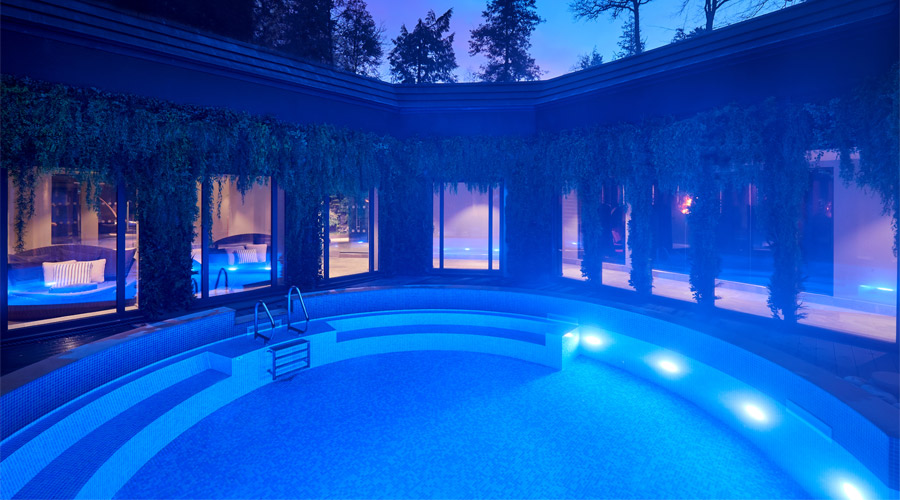 Circular outdoor pool surrounded by hanging plants.