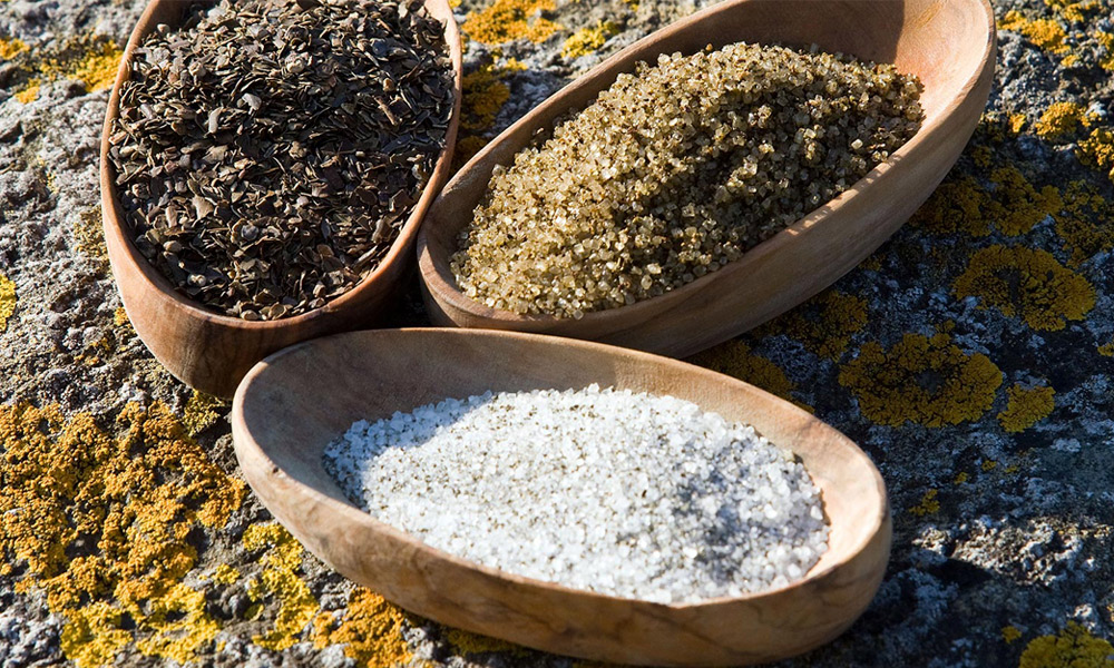 minerals in dishes on a rock