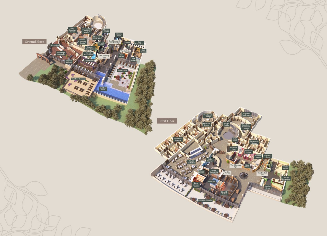 Floorplan layout of Aqua Sana Forest Spa at Woburn Forest.
